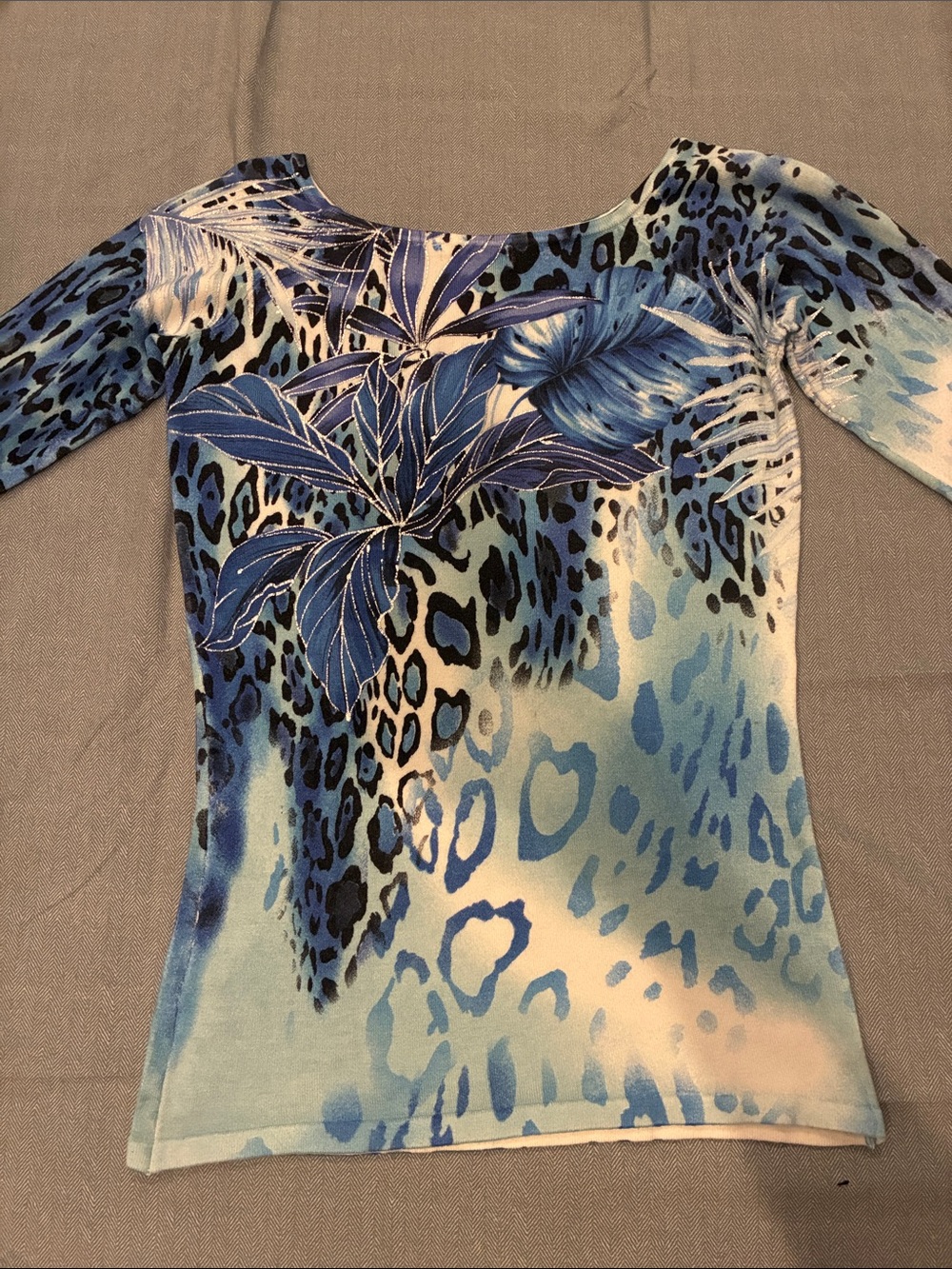 Cache Blue Beaded Tropical Animal Print Stretch Top XS Y2K - Picture 8 of 15